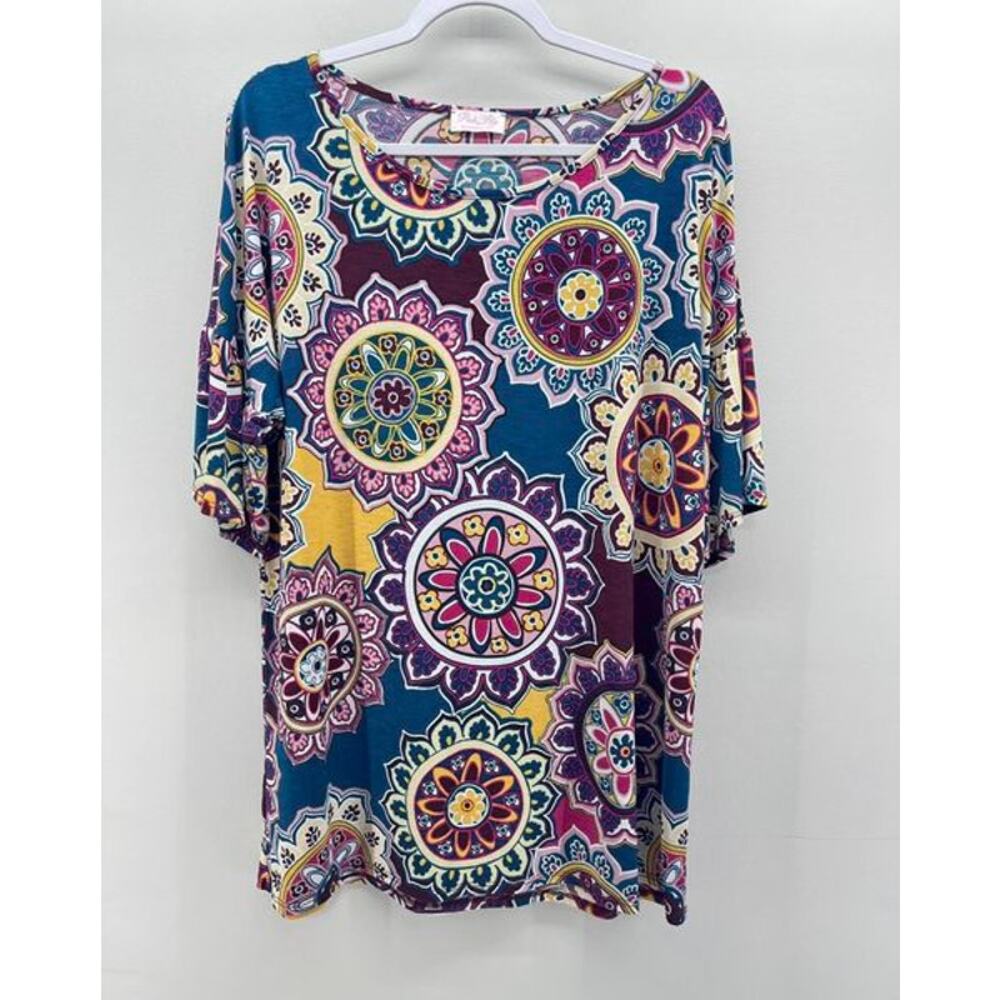 Pink Lily Tunic‎ Wms Large Bright Teal Floral Stretchy Short Sleeve Boho Artsy